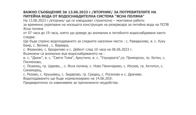 ВАЖНО СЪОБЩЕНИЕ ЗА ПОТРЕБИТЕЛИТЕ НА ПИТЕЙНА ВОДА